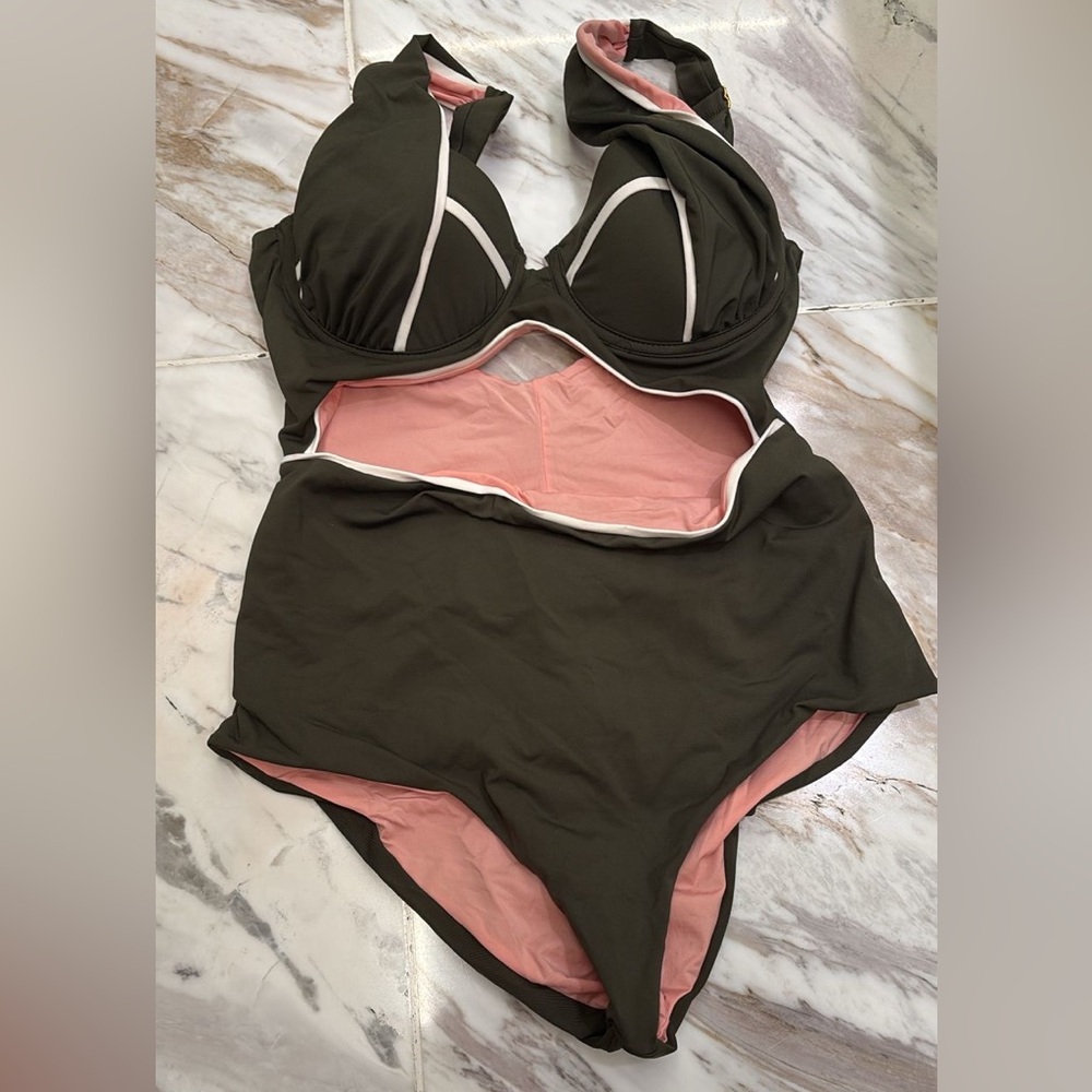 Chic Olive and Pink Cut-Out Swimsuit
